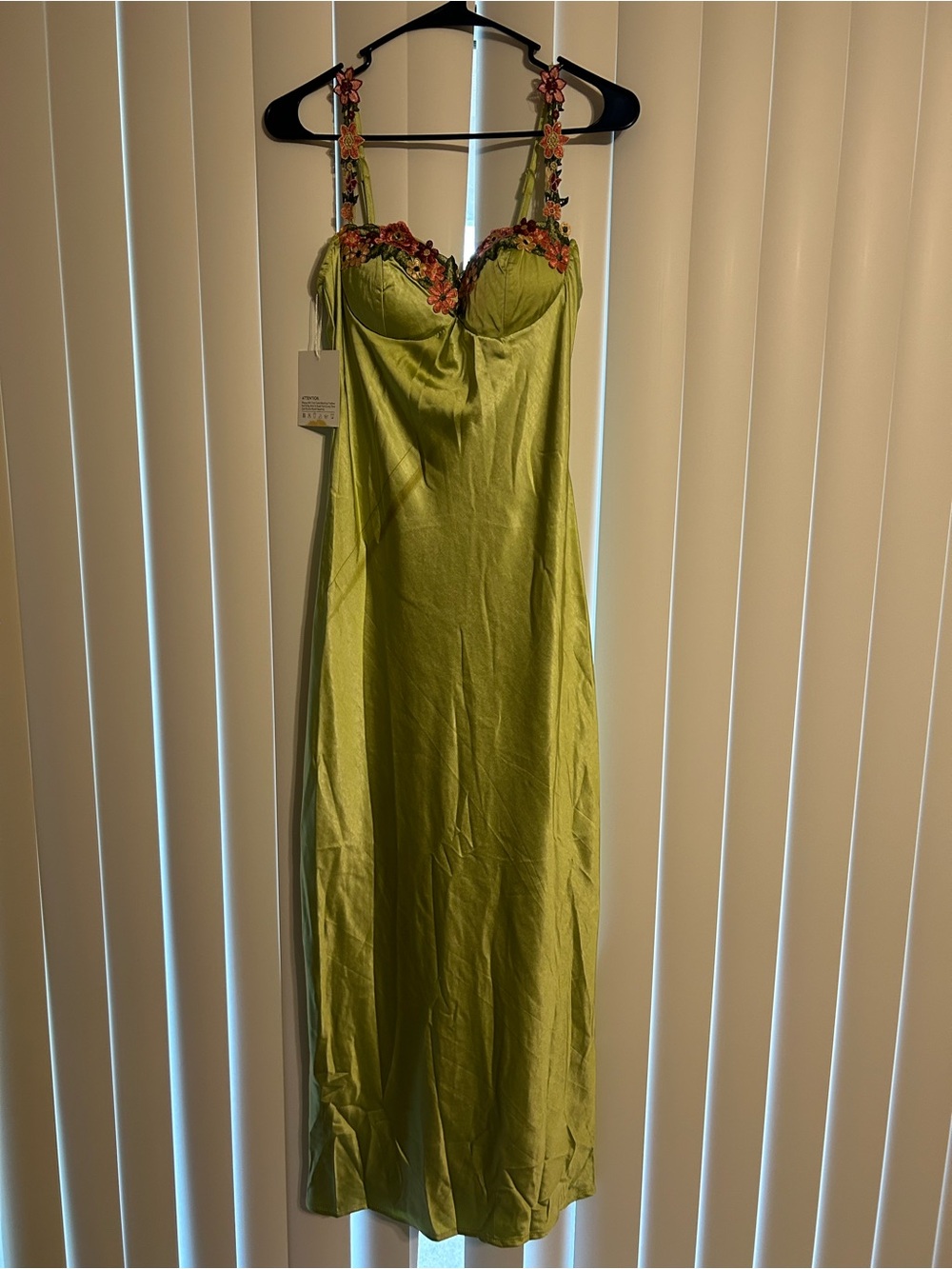 Lime Green Satin Maxi Slip Dress with Floral Embroidered Straps